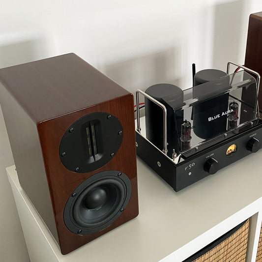 Close-up of the Walnut left AT700 speaker without front grille, with the v50 hybrid valve amplifier alongside.