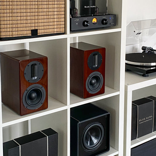 Pair of Blue Aura AT700 speakers in walnut finish placed inside a white bookshelf.
