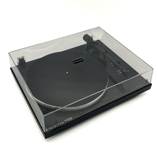 Three-quarter studio view of the Blue Aura Blackline PG2 Hi-Fi turntable protected by its closed clear dust cover.