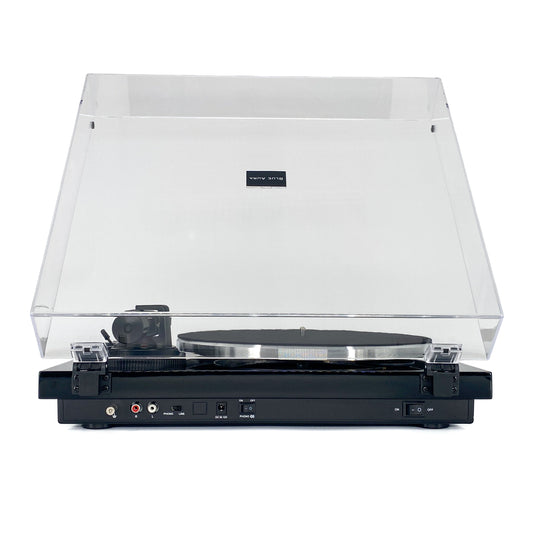Straight rear studio view of the Blue Aura Blackline PG2 Hi-Fi turntable, showcasing the back panel connections, built-in phono-line preamp switch, and Bluetooth power switch with the clear dust cover opened.
