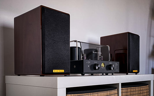 Low-angle three-quarter lifestyle view of the complete Blue Aura Stereo System setup with high-gloss Walnut AT700 speakers under warm ambient lighting, highlighting the premium gold logo badge on the fabric grilles.