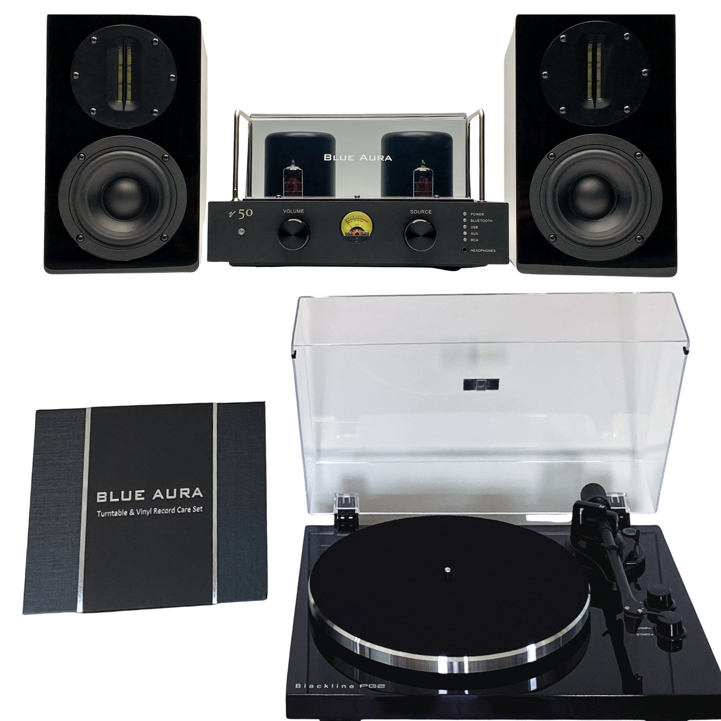 The complete Blue Aura Soul System Black Hi-Fi setup on a white background, including the v50 hybrid amplifier, Blackline PG2 turntable, black AT700 speakers and the included Turntable & Vinyl Record Care Set.