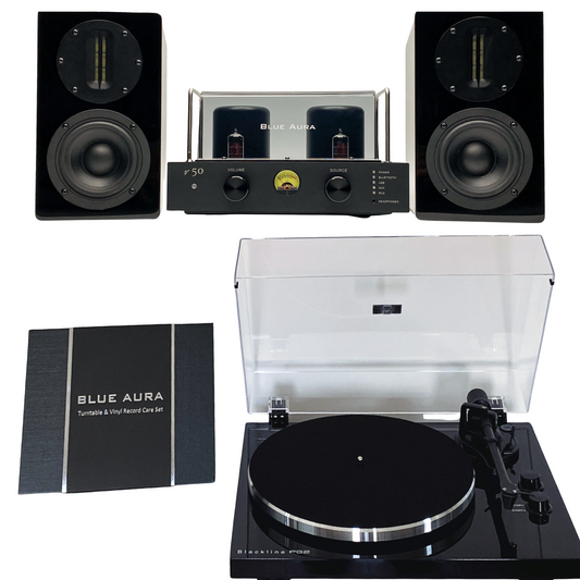 The complete Blue Aura Soul System Black Hi-Fi setup on a white background, including the v50 hybrid amplifier, Blackline PG2 turntable, black AT700 speakers and the included Turntable & Vinyl Record Care Set.