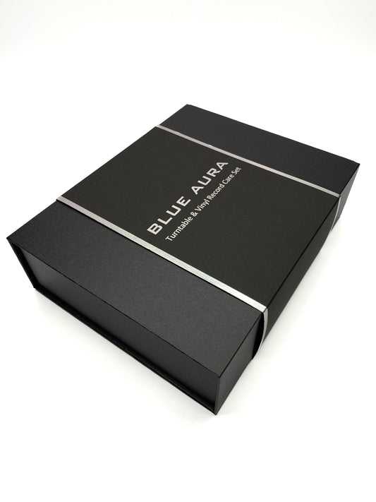 Three-quarter studio view of the premium Blue Aura Turntable & Vinyl Record Care Set box on a white background.