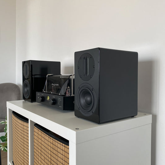 Blue Aura v50 hybrid valve amplifier and black AT700 speakers on a living room cabinet.
