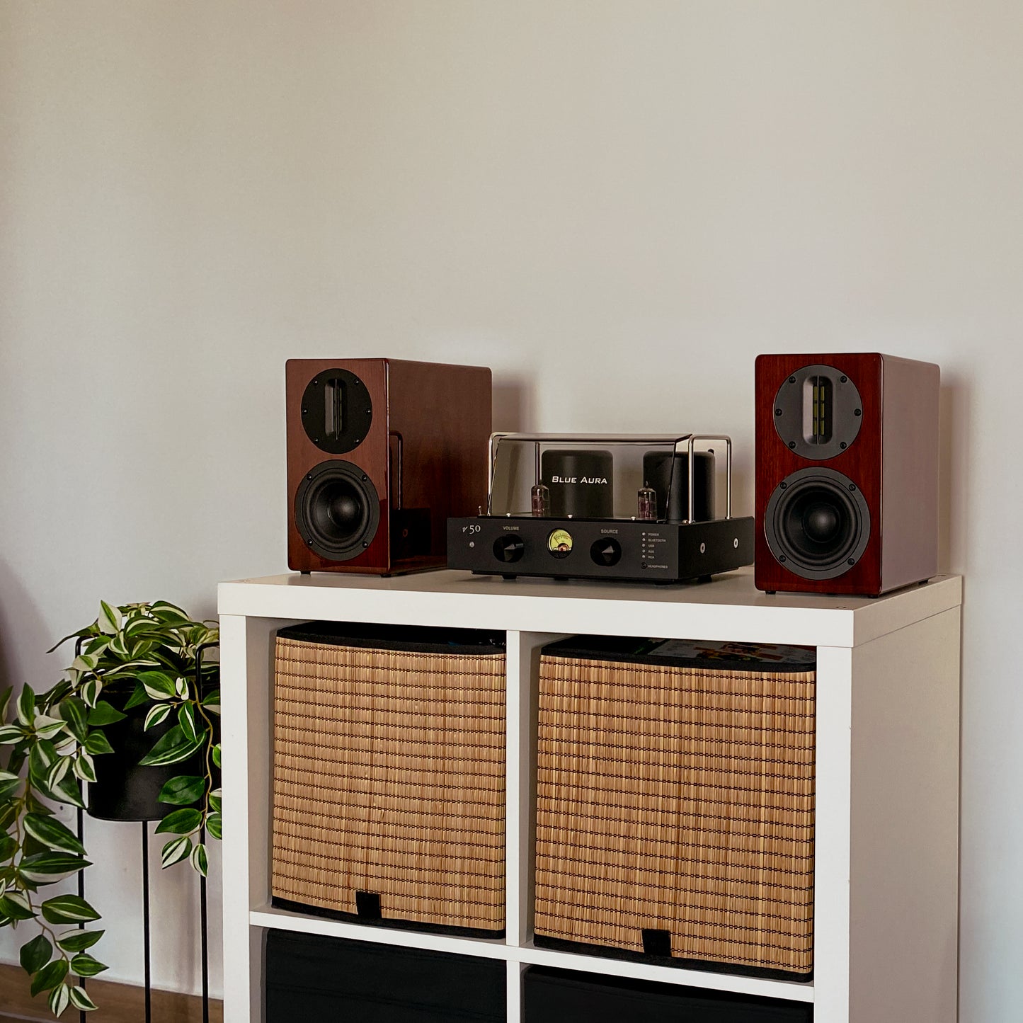Full ambient lifestyle view of the Blue Aura v50 hybrid amplifier and high-gloss Walnut AT700 speakers set up on a white shelving unit with wicker baskets.