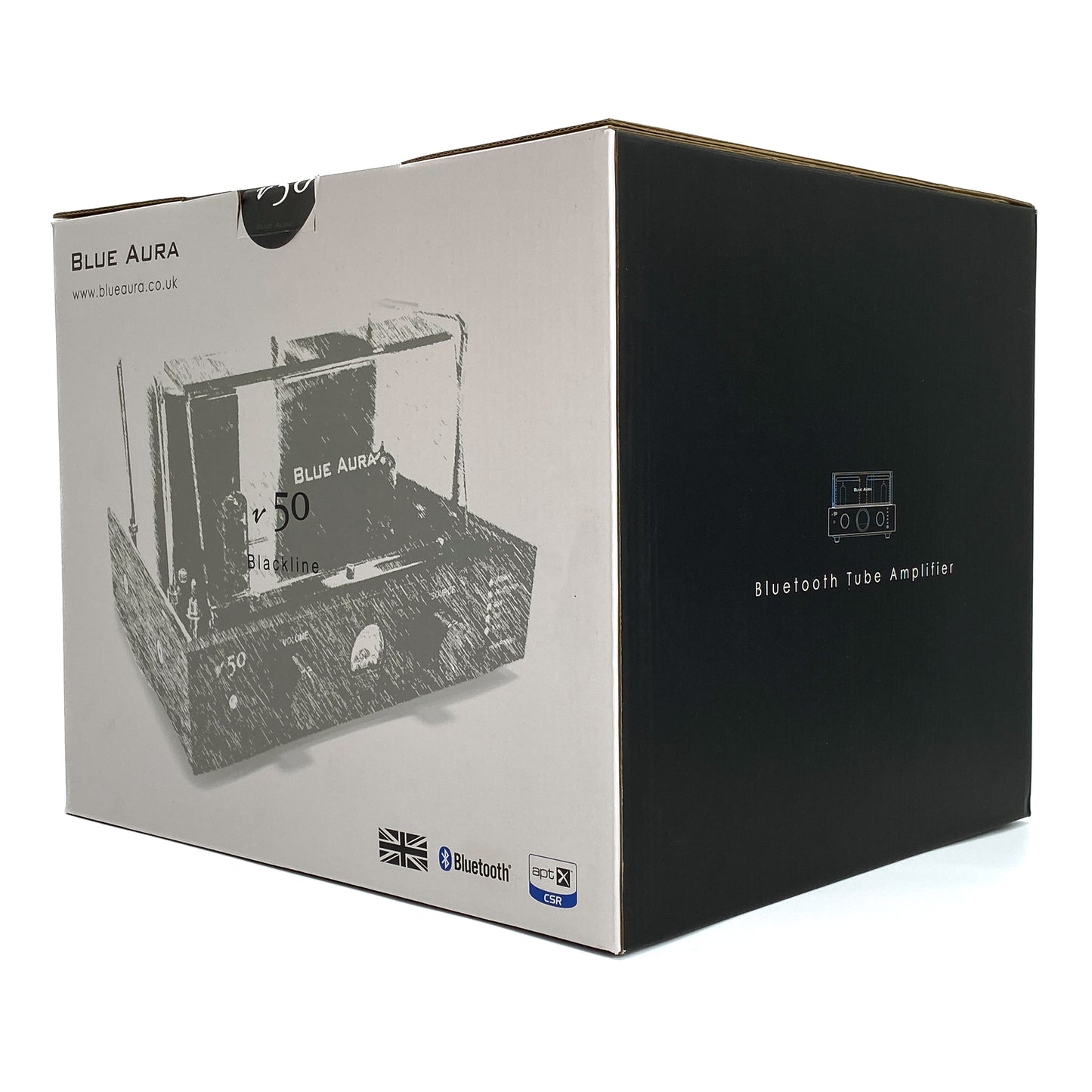 Three-quarter studio view of the official Blue Aura v50 retail packaging box, highlighting the black side panel with the Bluetooth Tube Amplifier text and logo.