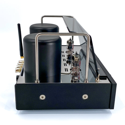 Official high-angle side profile studio view of the Blue Aura v50 hybrid valve amplifier, showcasing its textured black side panel, vacuum tubes, and protective plexiglas tube guard.
