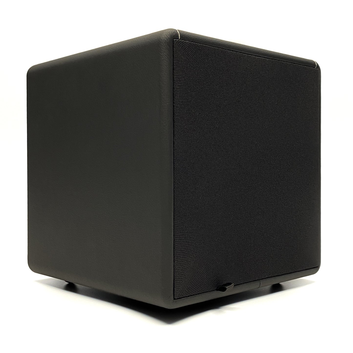 Official three-quarter studio view of the Blue Aura X-Sub active subwoofer fitted with its black fabric front protective grille.