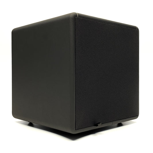 Official three-quarter studio view of the Blue Aura X-Sub active subwoofer fitted with its black fabric front protective grille.
