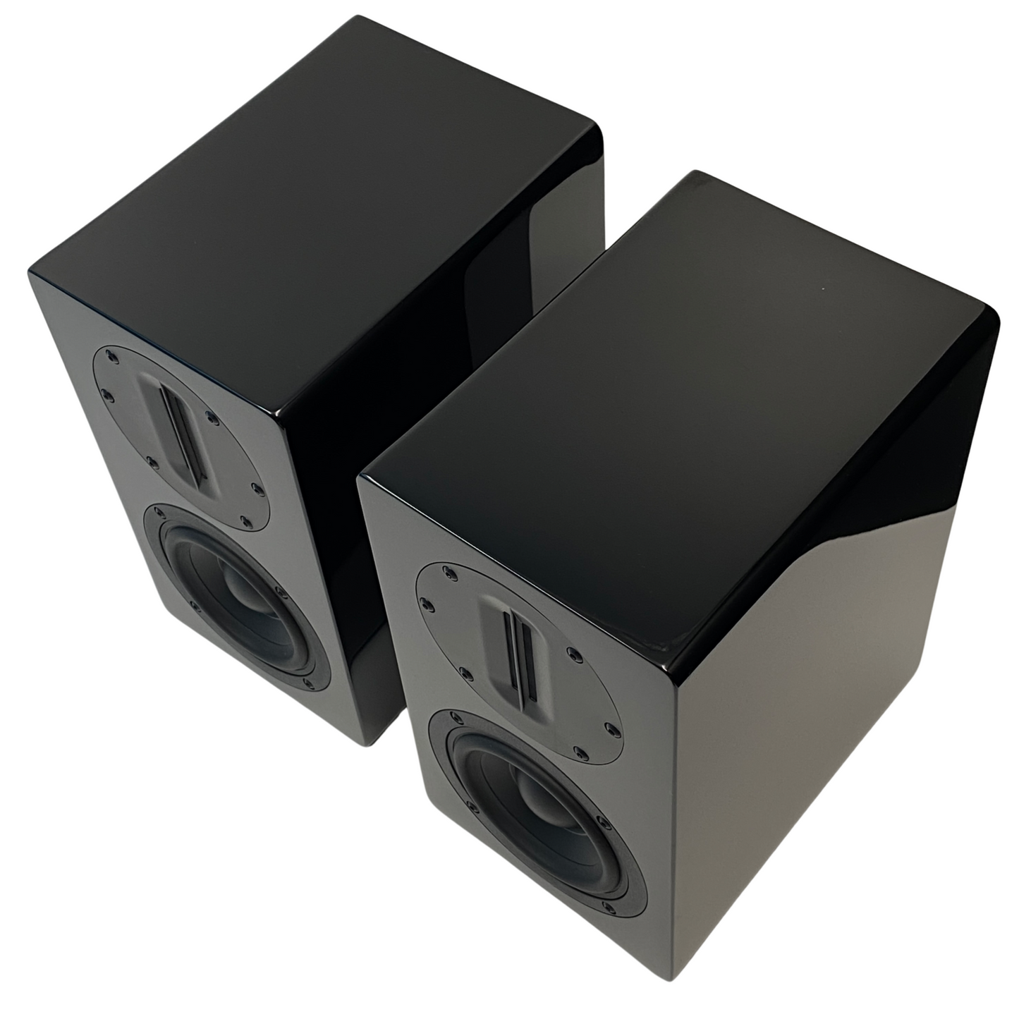 Pair of Blue Aura AT700 speakers in high-gloss black finish seen from a high angle on a white background.