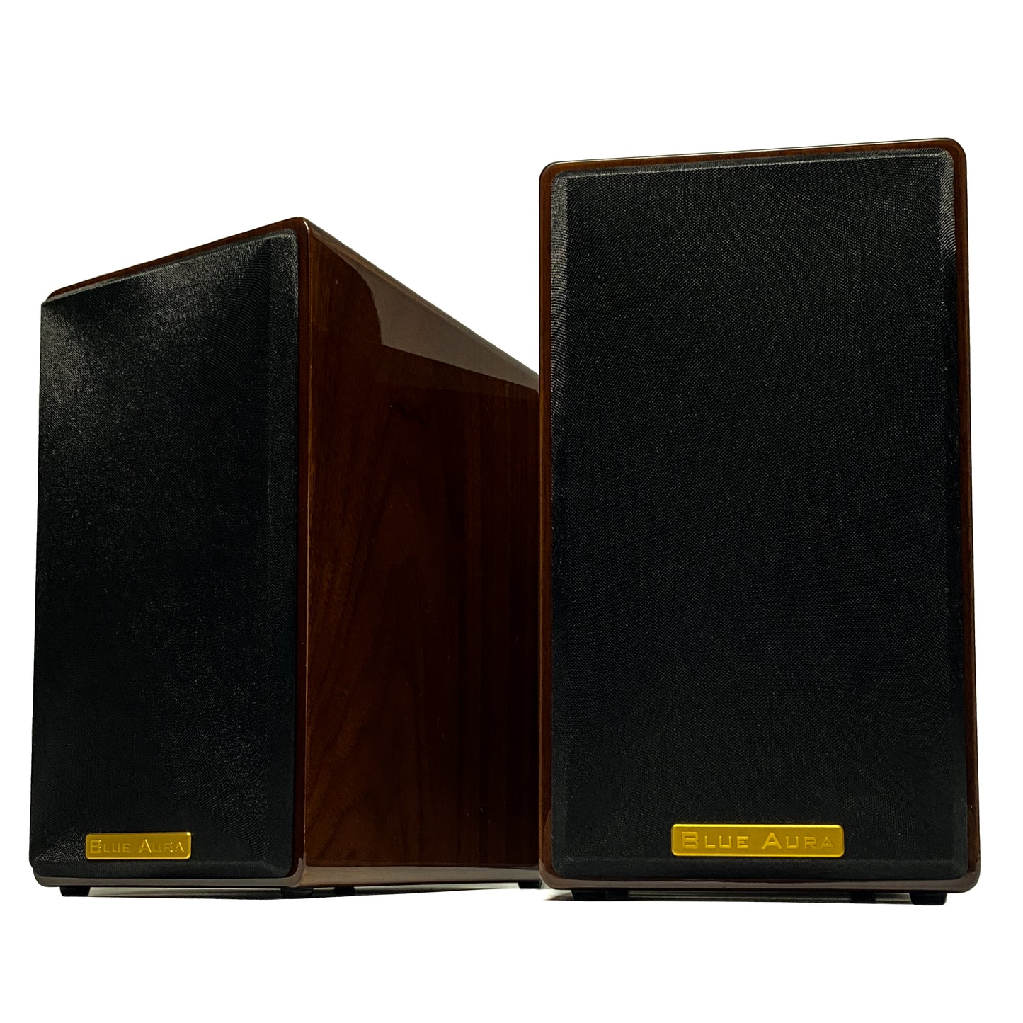 Pair of premium high-gloss Walnut Blue Aura AT700 compact bookshelf speakers shown from a three-quarter studio angle with their protective fabric grilles on.