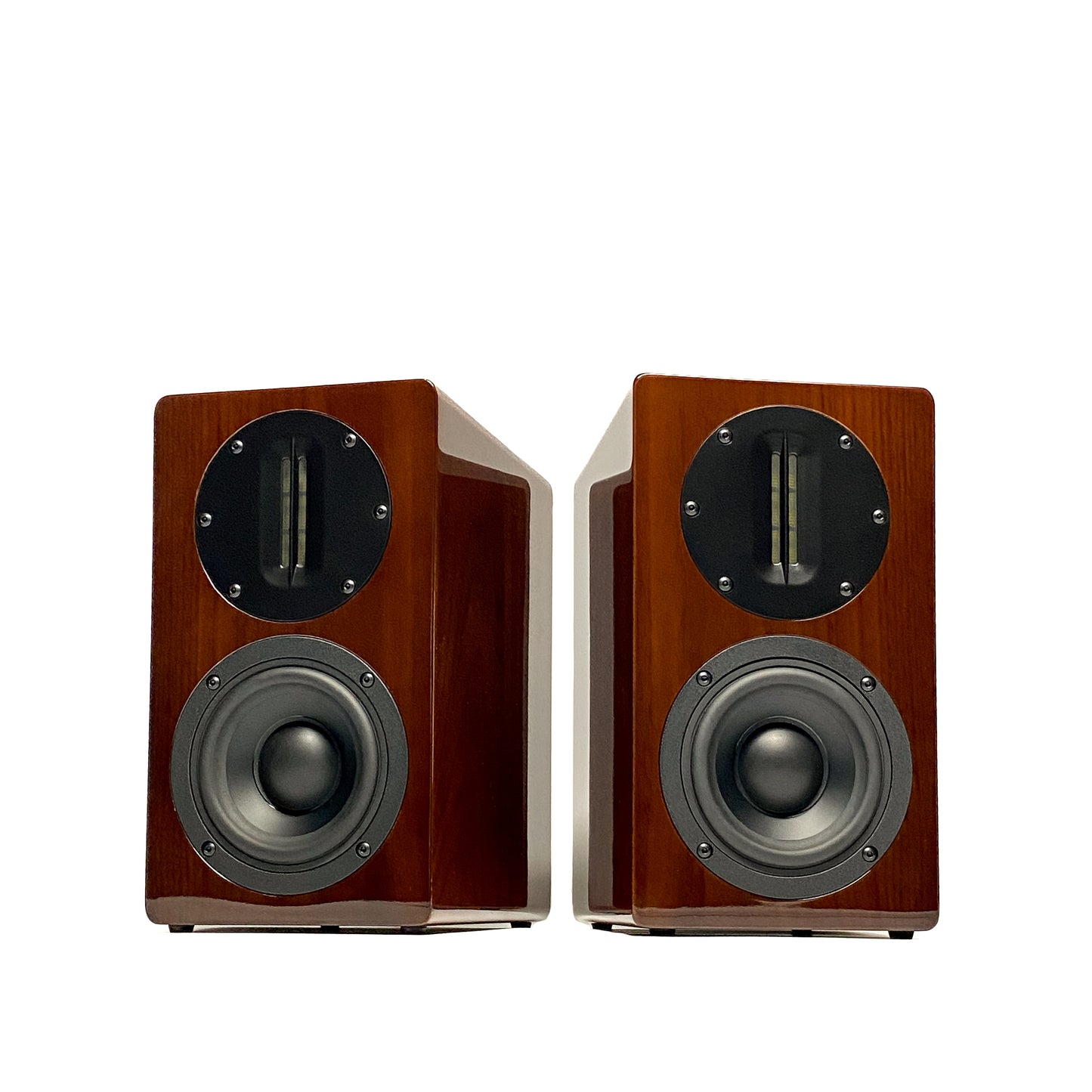 Official straight front studio view of a pair of Blue Aura AT700 compact bookshelf speakers in premium high-gloss Walnut finish without their grilles.