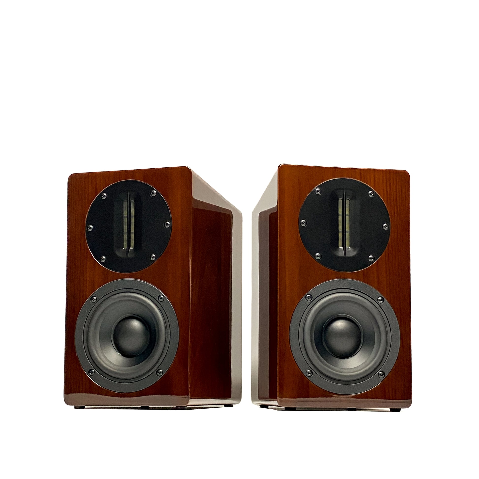 Official straight front studio view of a pair of Blue Aura AT700 compact bookshelf speakers in premium high-gloss Walnut finish without their grilles.