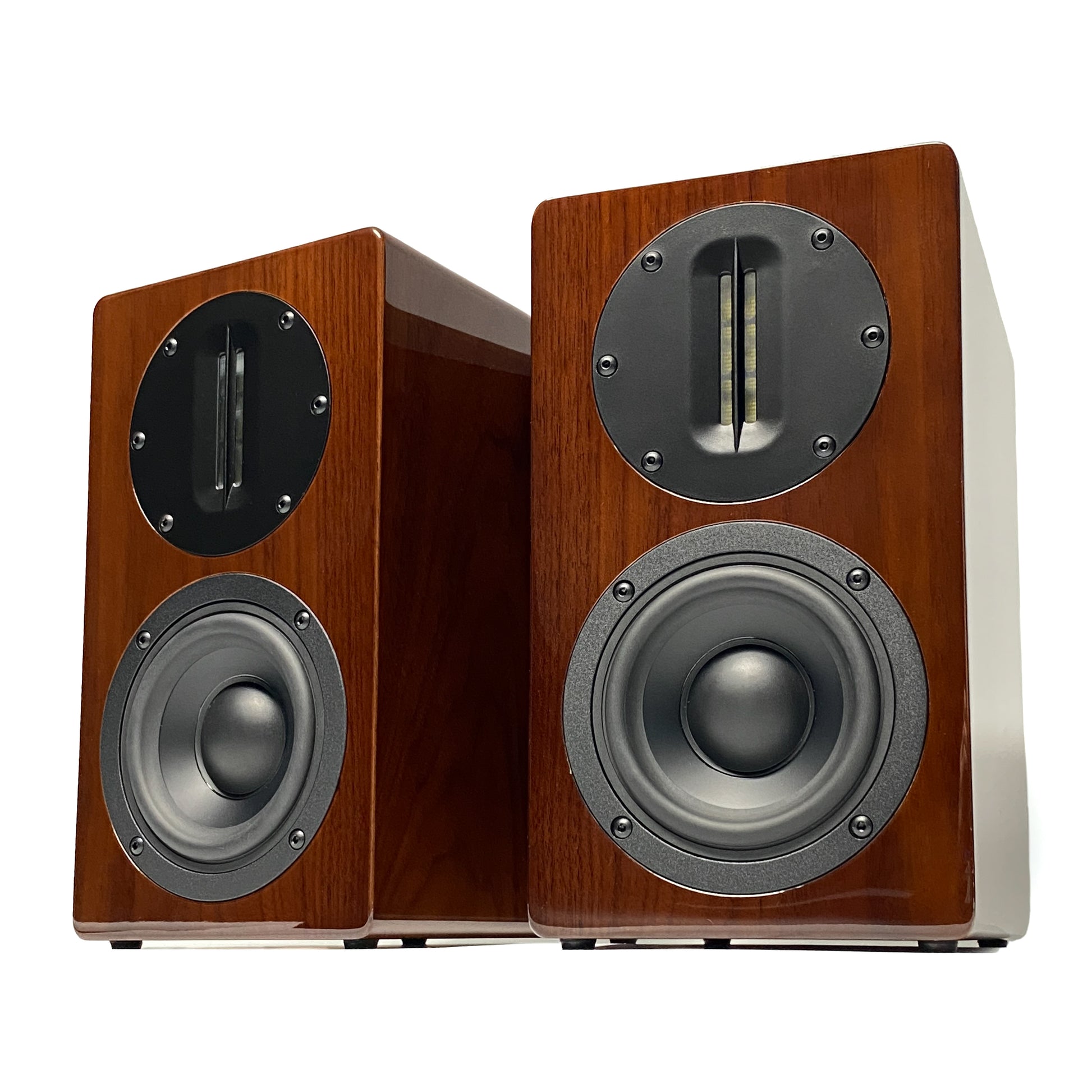 Official three-quarter studio view of a pair of Blue Aura AT700 compact bookshelf speakers in premium high-gloss Walnut finish without their fabric grilles.