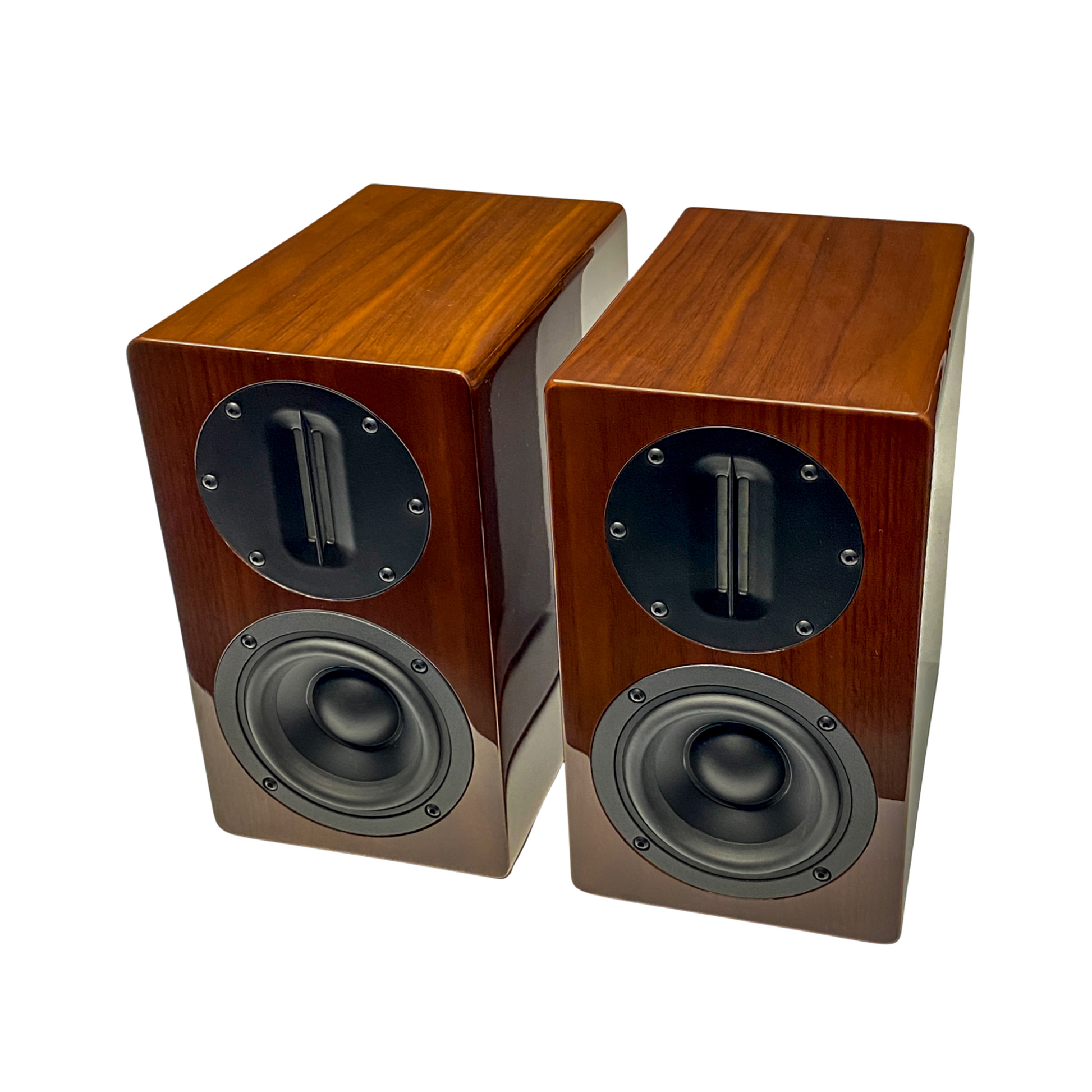 High-angle front view of the Blue Aura AT700 Hi-Fi speakers in walnut finish on a white background.
