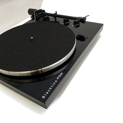 Three-quarter studio view of the Blue Aura Blackline PG2 premium Hi-Fi turntable, showcasing its elegant high-gloss black plinth, built-in phono preamp and wireless Bluetooth connectivity.