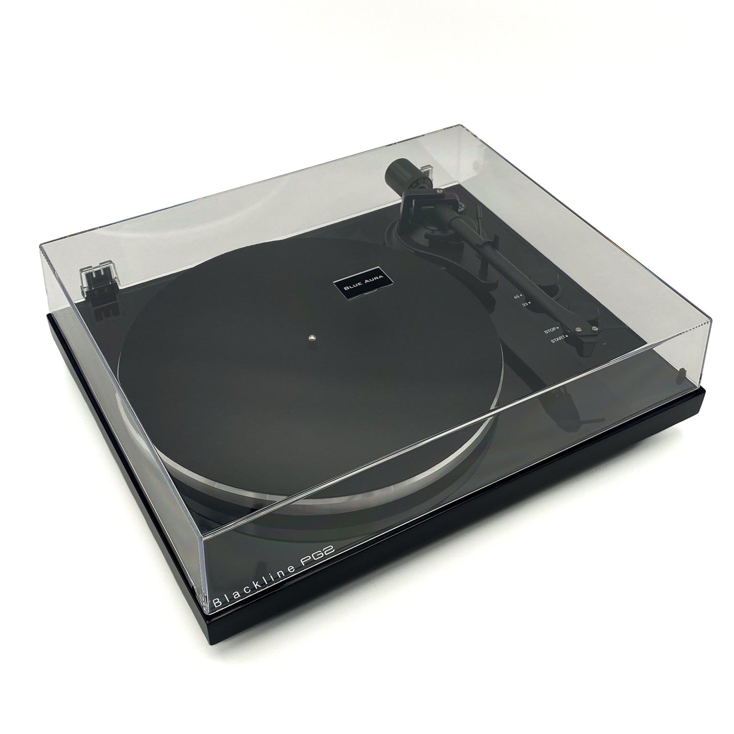 Three-quarter studio view of the Blue Aura Blackline PG2 Hi-Fi turntable protected by its closed clear dust cover.