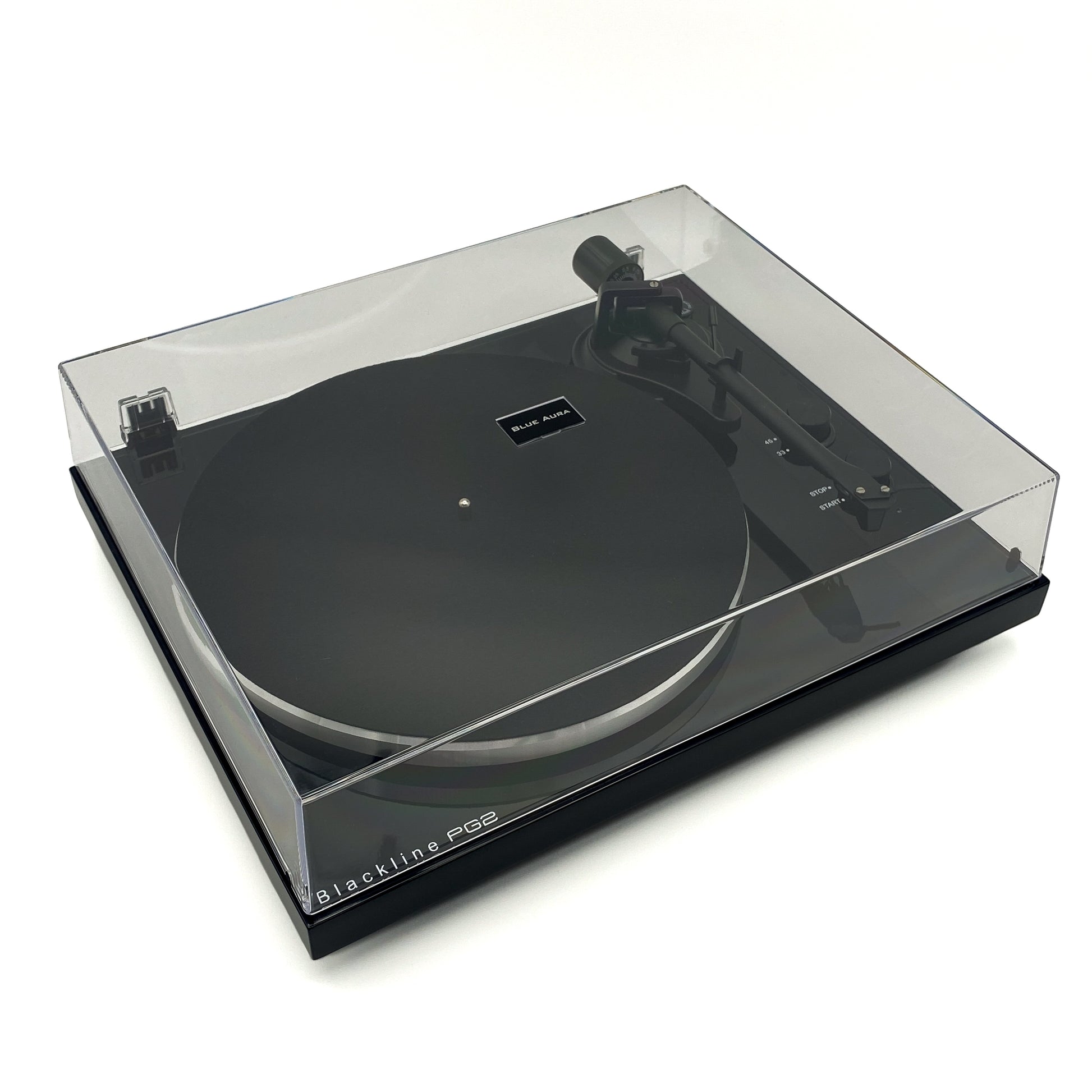Three-quarter studio view of the Blue Aura Blackline PG2 Hi-Fi turntable protected by its closed clear dust cover.