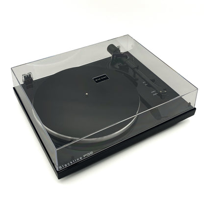 Three-quarter studio view of the Blue Aura Blackline PG2 Hi-Fi turntable protected by its closed clear dust cover.