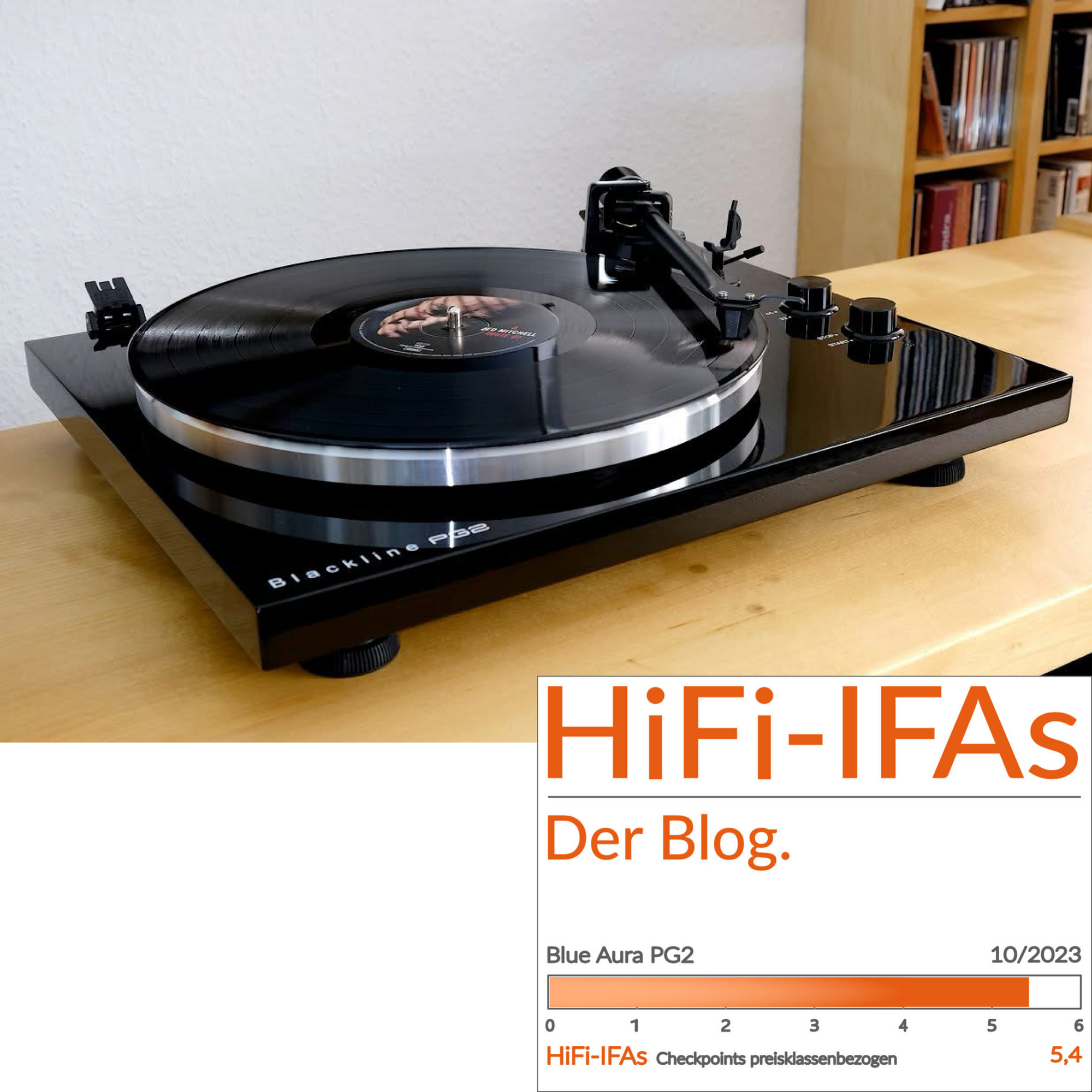 Official German HiFi-IFAs review graphic for the Blue Aura Blackline PG2 Hi-Fi turntable, displaying its excellent test evaluation score.