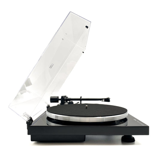 Side profile studio view of the Blue Aura Blackline PG2 Hi-Fi turntable, showcasing its high-gloss black plinth and straight tonearm with the clear dust cover fully opened.