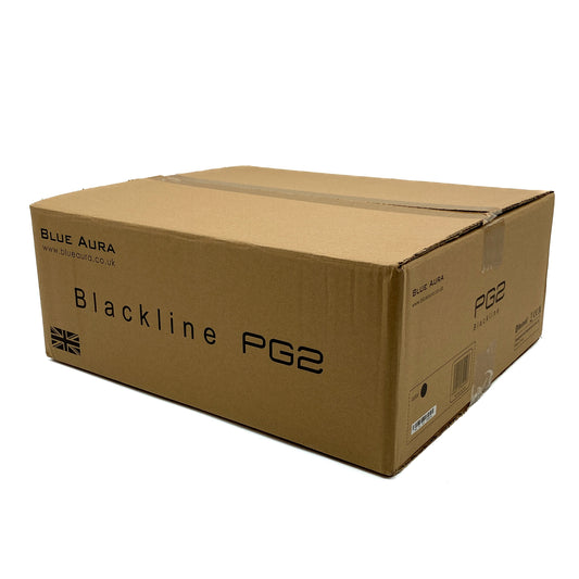 Three-quarter view of the official Blue Aura Blackline PG2 inner product box, shipped inside an extra discreet outer carton for maximum double-box protection.