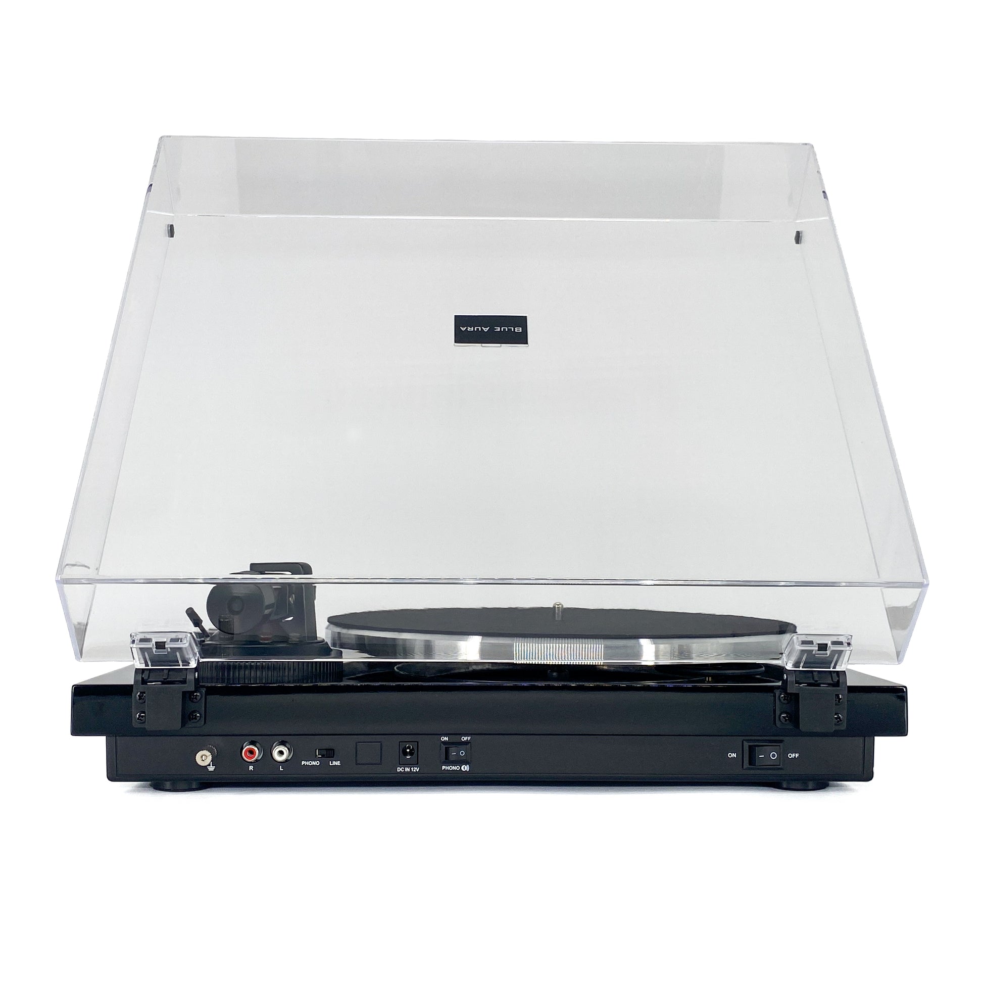 Straight rear studio view of the Blue Aura Blackline PG2 Hi-Fi turntable, showcasing the back panel connections, built-in phono-line preamp switch, and Bluetooth power switch with the clear dust cover opened.