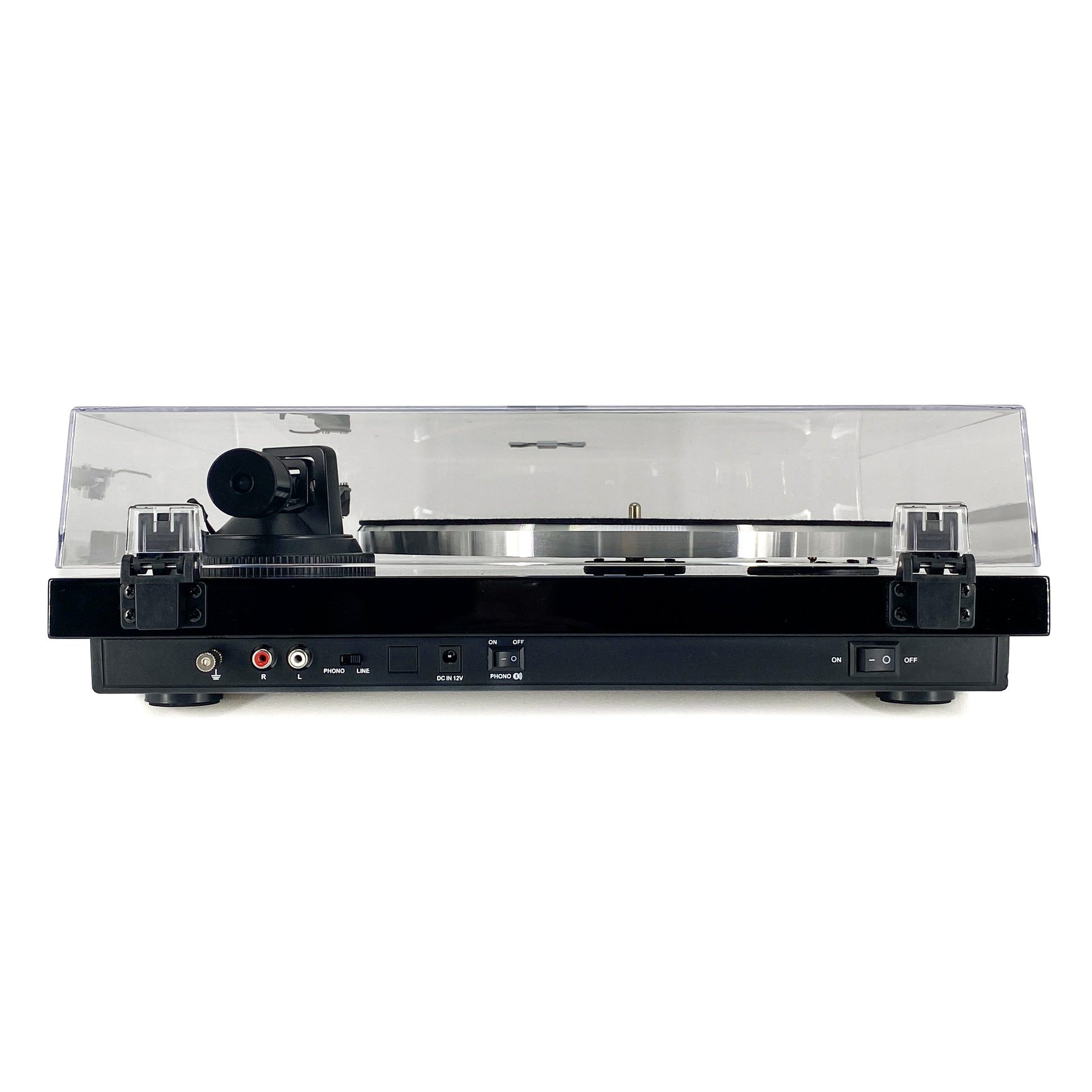 Straight rear studio view of the Blue Aura Blackline PG2 Hi-Fi turntable, showcasing the phono-line switch, Bluetooth toggles and back panel audio connections.