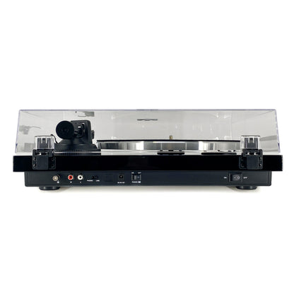Straight rear studio view of the Blue Aura Blackline PG2 Hi-Fi turntable, showcasing the phono-line switch, Bluetooth toggles and back panel audio connections.