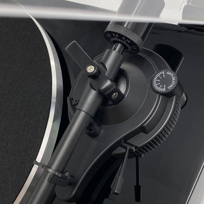 Macro studio close-up of the Blue Aura Blackline PG2 turntable tonearm base, showcasing the precision pivot assembly and anti-skating control.