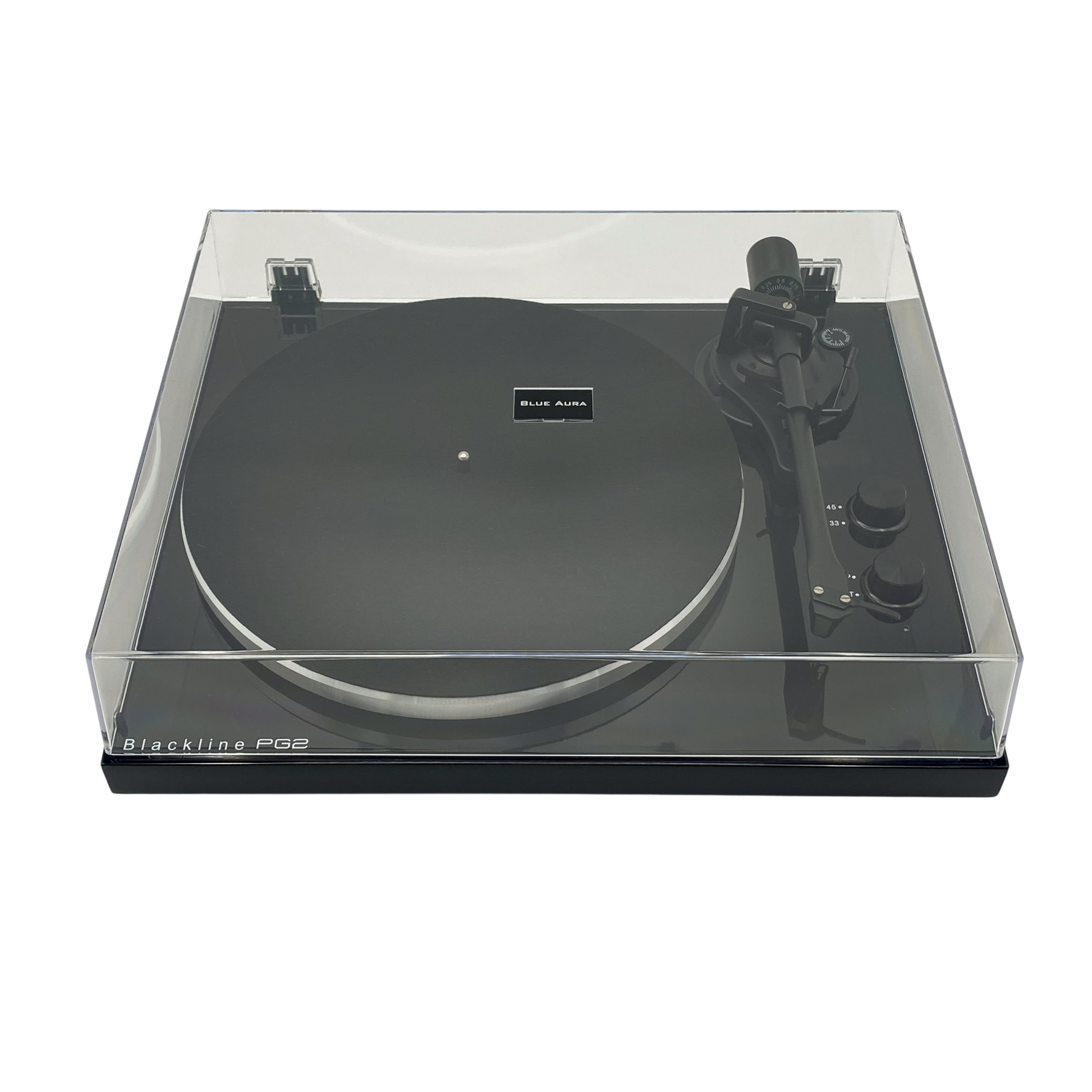 High-angle top view of the Blue Aura Blackline PG2 Hi-Fi turntable on a white background with its clear dust cover.