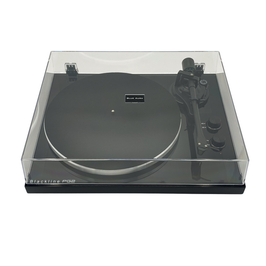 High-angle top view of the Blue Aura Blackline PG2 Hi-Fi turntable on a white background with its clear dust cover.