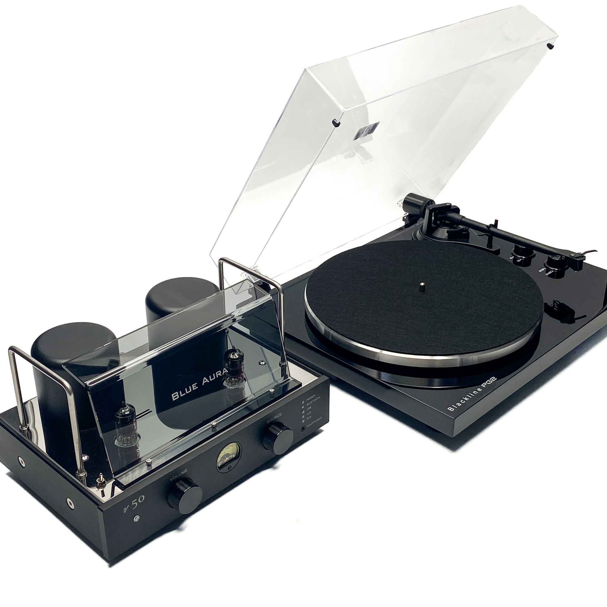 High-angle three-quarter studio view looking down at the Blue Aura Core System, highlighting the turntable platter with the Blackline PG2 logo on the high-gloss black plinth, and the premium top finish of the v50 hybrid amplifier.