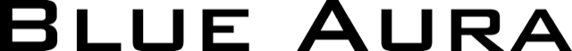 Official text logo of the Blue Aura audio brand with a transparent background.