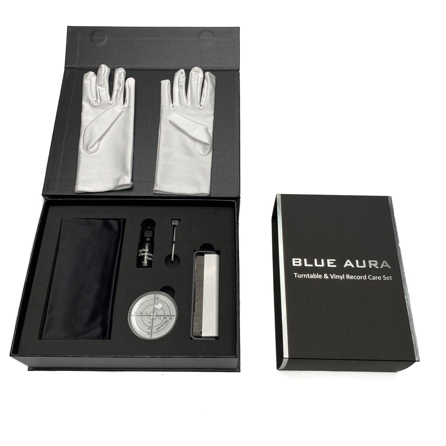 Inside look of the opened Blue Aura official accessories box showing the neatly arranged premium handling gloves and turntable & vinyl care tools.
