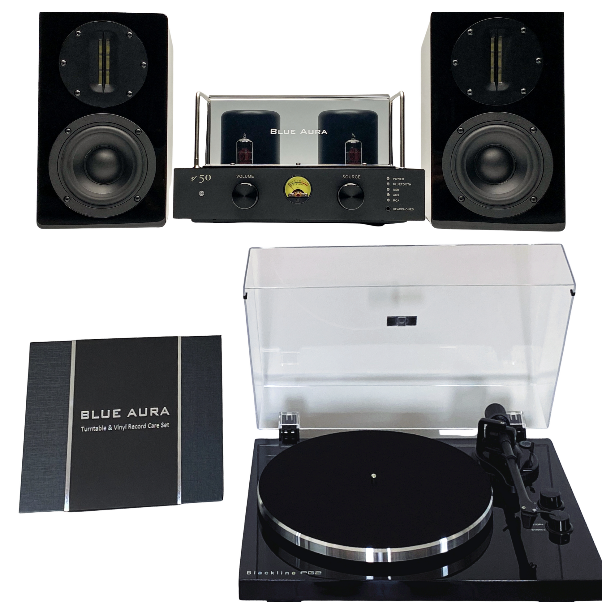 The complete Blue Aura Soul System Black Hi-Fi setup on a white background, including the v50 hybrid amplifier, Blackline PG2 turntable, black AT700 speakers and the included Turntable & Vinyl Record Care Set.