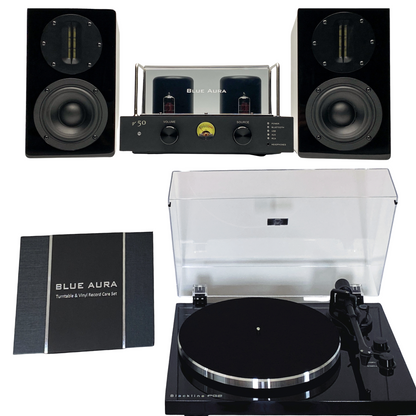 The complete Blue Aura Soul System Black Hi-Fi setup on a white background, including the v50 hybrid amplifier, Blackline PG2 turntable, black AT700 speakers and the included Turntable & Vinyl Record Care Set.