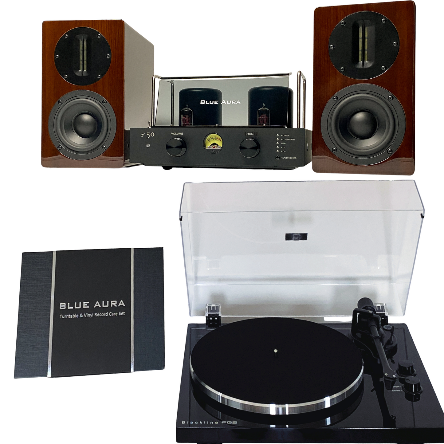 The complete Blue Aura Soul System Prestige Hi-Fi setup on a white background, including the v50 hybrid amplifier, Blackline PG2 turntable, Walnut AT700 speakers and the included Turntable & Vinyl Record Care Set.