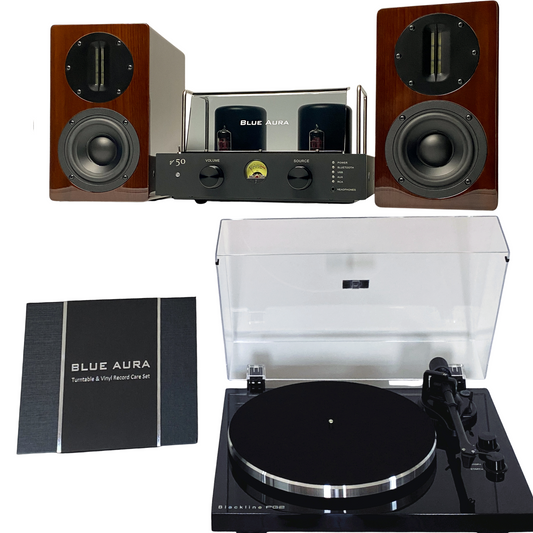 The complete Blue Aura Soul System Prestige Hi-Fi setup on a white background, including the v50 hybrid amplifier, Blackline PG2 turntable, Walnut AT700 speakers and the included Turntable & Vinyl Record Care Set.