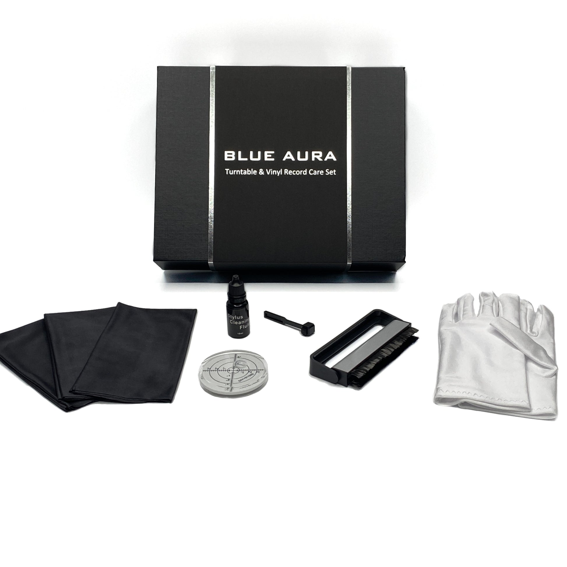 Full kit of the Blue Aura Turntable & Vinyl Record Care Set including its premium box, cleaning tools and handling gloves on a white background.