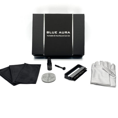 Full kit of the Blue Aura Turntable & Vinyl Record Care Set including its premium box, cleaning tools and handling gloves on a white background.