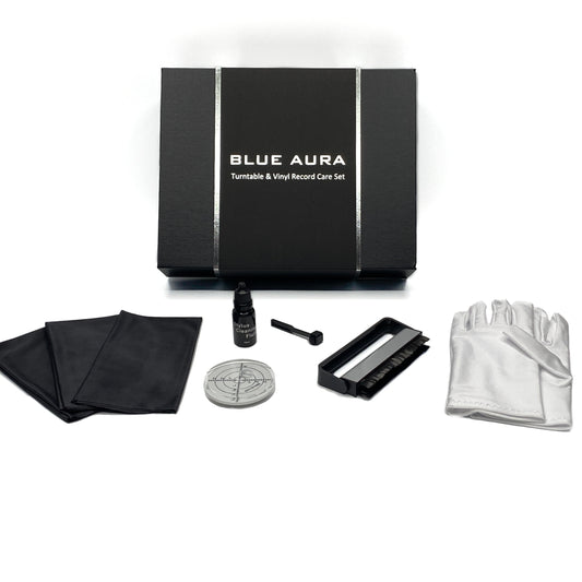 Full kit of the Blue Aura Turntable & Vinyl Record Care Set including its premium box, cleaning tools and handling gloves on a white background.