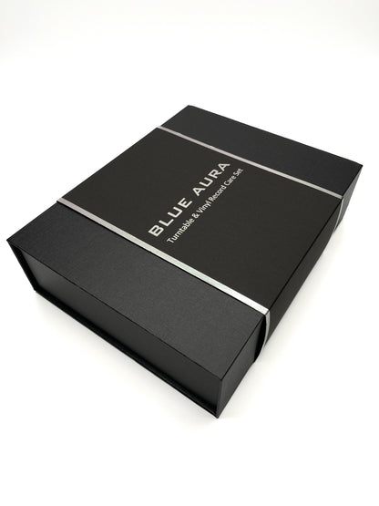 Three-quarter studio view of the premium Blue Aura Turntable & Vinyl Record Care Set box on a white background.
