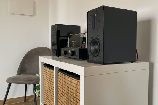 Ambient view of the Blue Aura v50 audio system and black AT700 speakers.