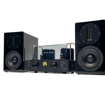 Front studio view of the Blue Aura v50 and black AT700 Hi-Fi system on a white background.