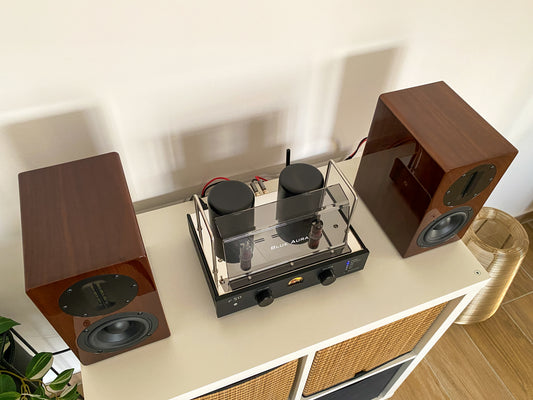High-angle three-quarter lifestyle view of the complete Blue Aura Stereo System on a white cabinet, showcasing the premium high-gloss Walnut AT700 speakers capturing the clear side profile reflection of the turned-on v50 hybrid amplifier.