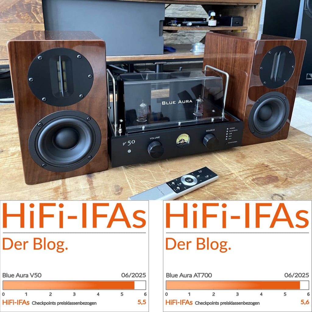 Official German HiFi-IFAs review graphic for the Blue Aura v50 hybrid amplifier and Walnut AT700 speakers, showing their outstanding test scores