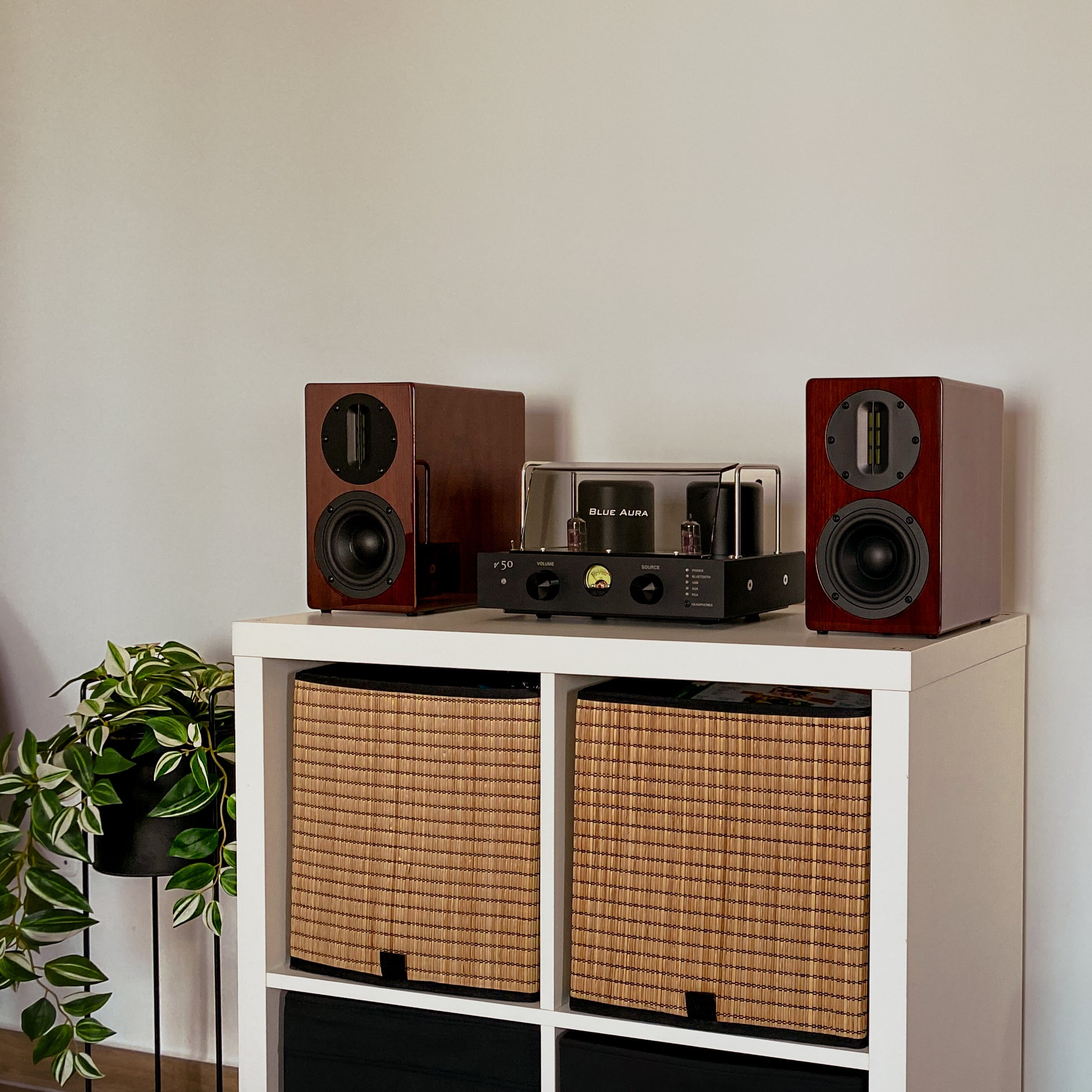 Full ambient lifestyle view of the Blue Aura v50 hybrid amplifier and high-gloss Walnut AT700 speakers set up on a white shelving unit with wicker baskets.
