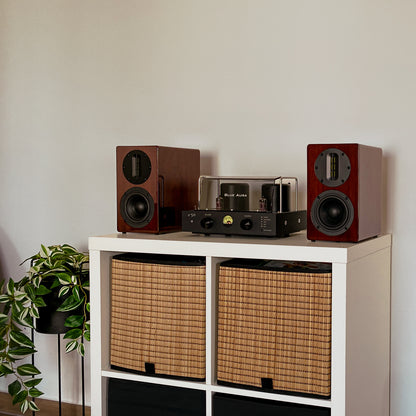 Full ambient lifestyle view of the Blue Aura v50 hybrid amplifier and high-gloss Walnut AT700 speakers set up on a white shelving unit with wicker baskets.